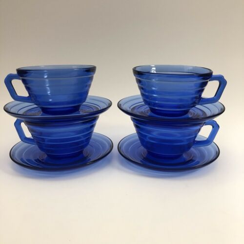 Set Of 4 Cups And Saucers Hazel Atlas Moderntone Cobalt Blue Depression Glass
