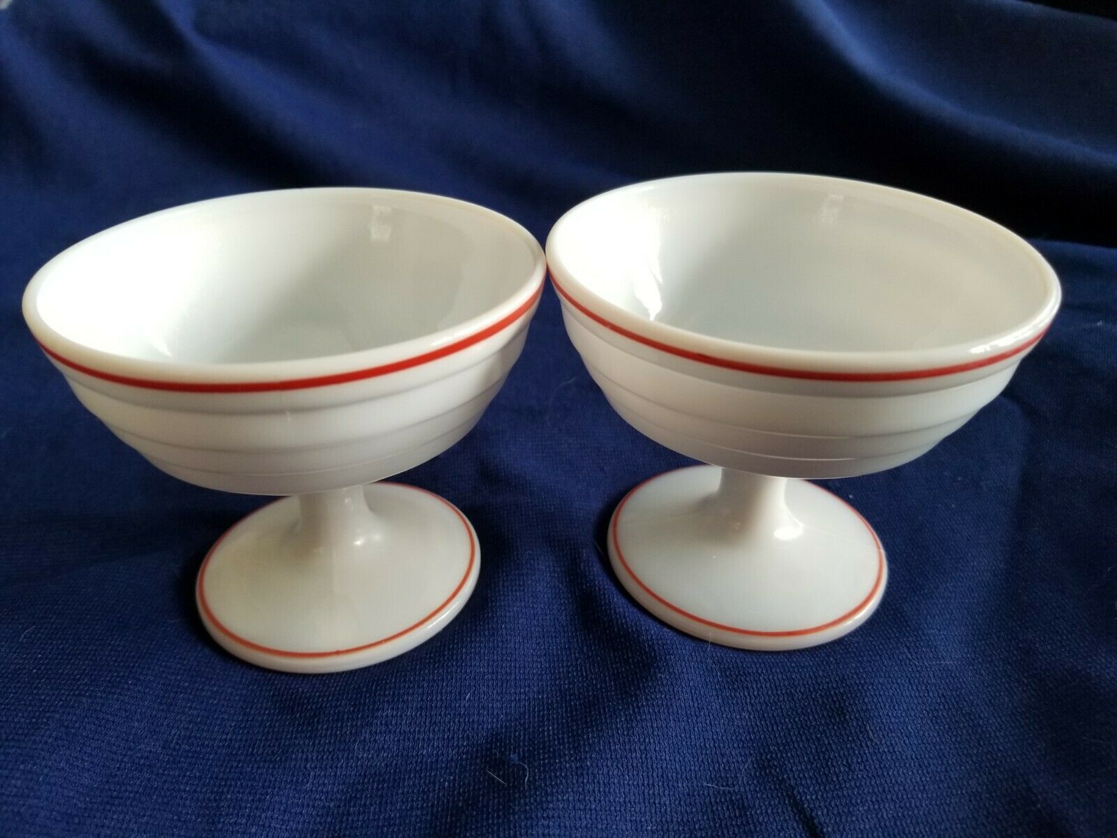 2 Hazel Atlas Moderntone  Platonite Milk Glass Red Strip 1950's Era Sherbet Cups